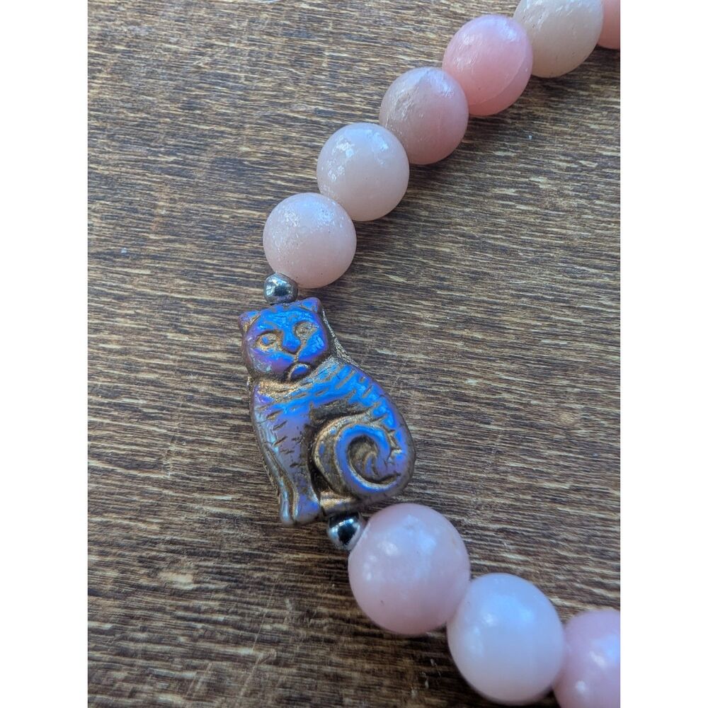 Naad Naturals Pink Opal Beaded Bracelet with Czech Glass Cat Charm Size M/L